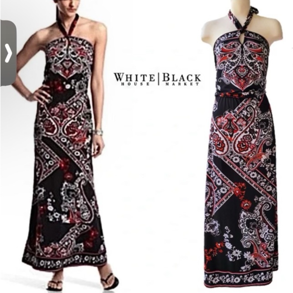 White‎ House Black Market Paisley Black Red White Halter Top Maxi Dress Sz Small